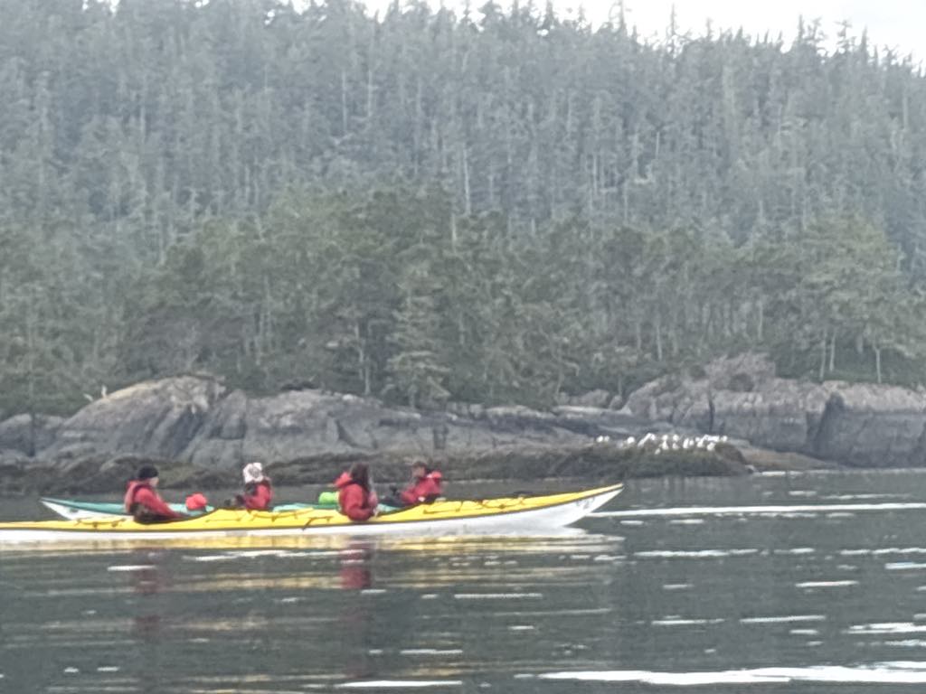 Bob Rein group of people in a canoe on a lake near a forest area with rocks and trees in the background