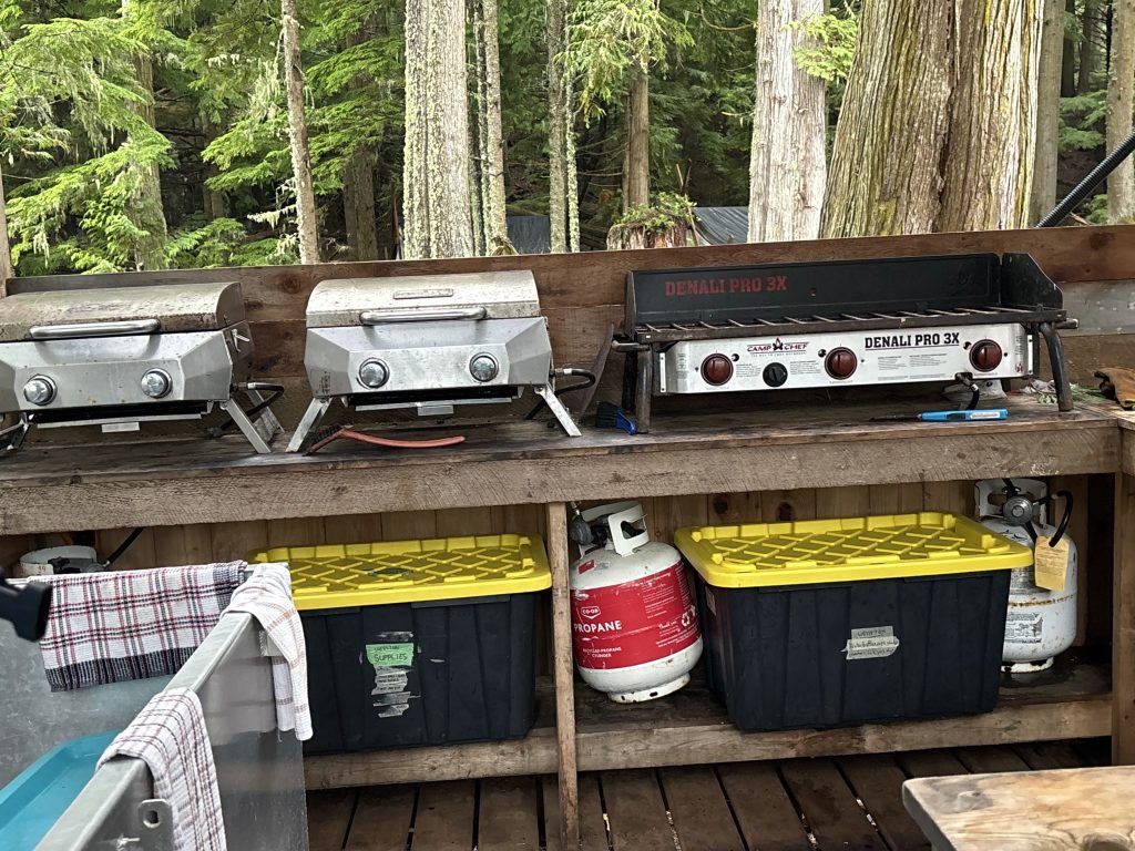 Bob Rein Reflections Off The Grid Rustic outdoor cooking station in a forest with wooden bench and two gas grills