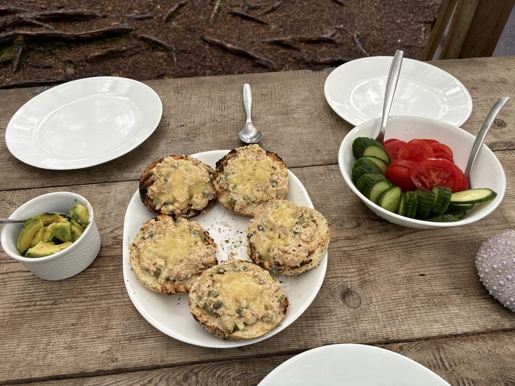 Bob Rein Reflections Off The Grid Rustic outdoor picnic scene with weathered wooden table and meal setup featuring sandwiches with toasted buns