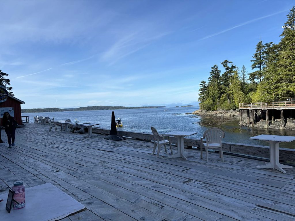 Bob Rein Reflections Off The Grid serene wooden dock with chairs and tables, red building, and small boat in coastal setting